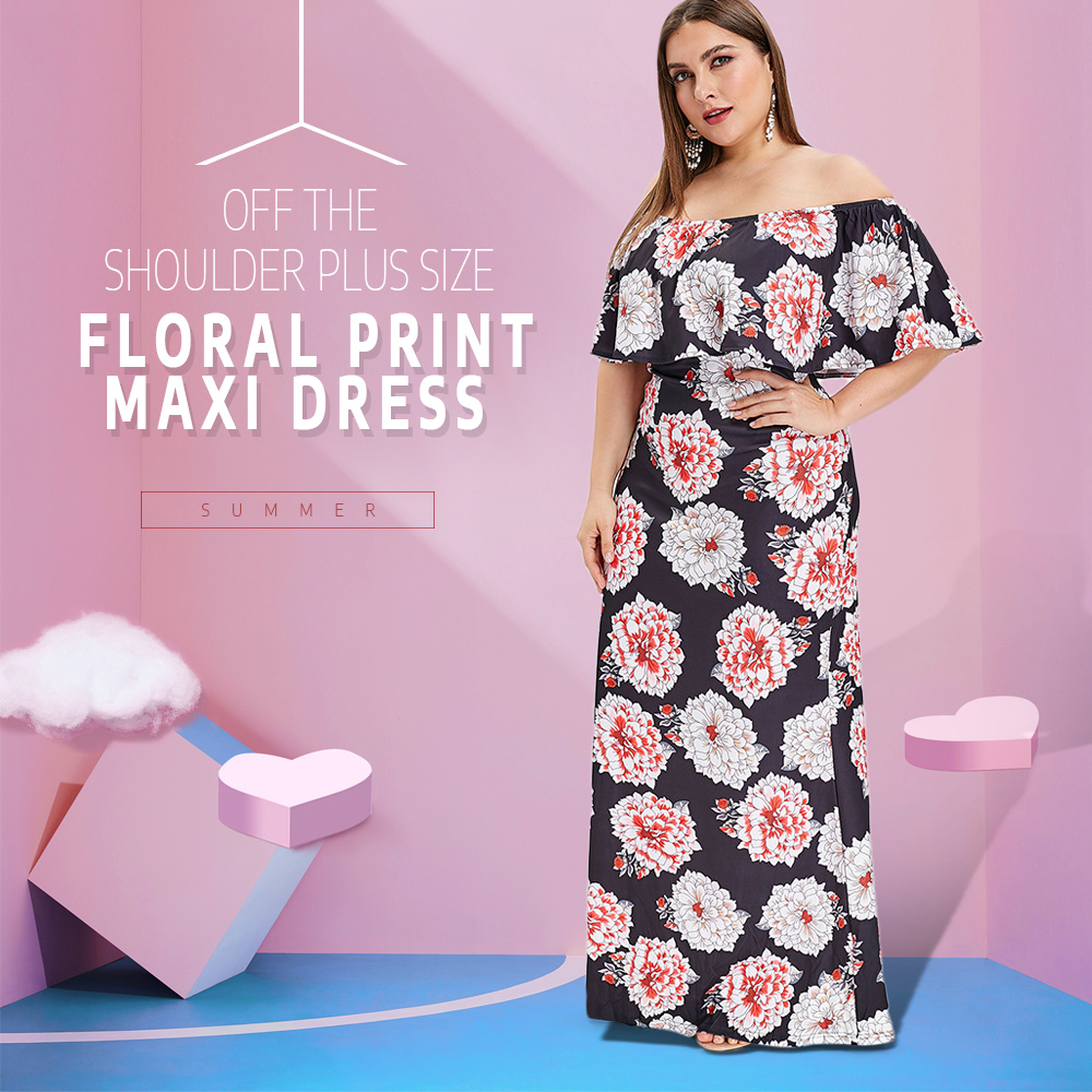 Off The Shoulder Plus Size Floral Print Maxi Dress