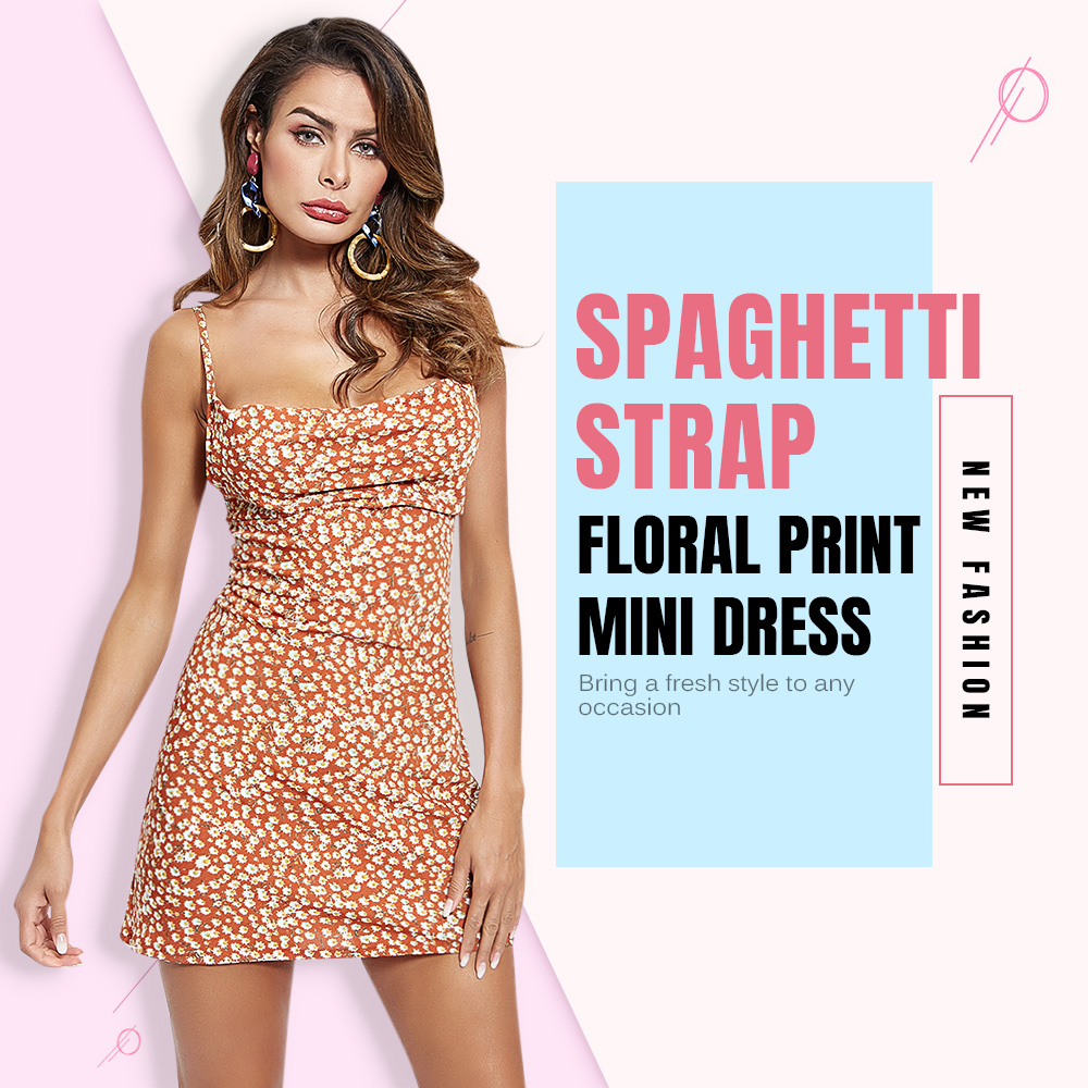 Spaghetti Strap Backless Floral Print Bodycon Women Mini Dress