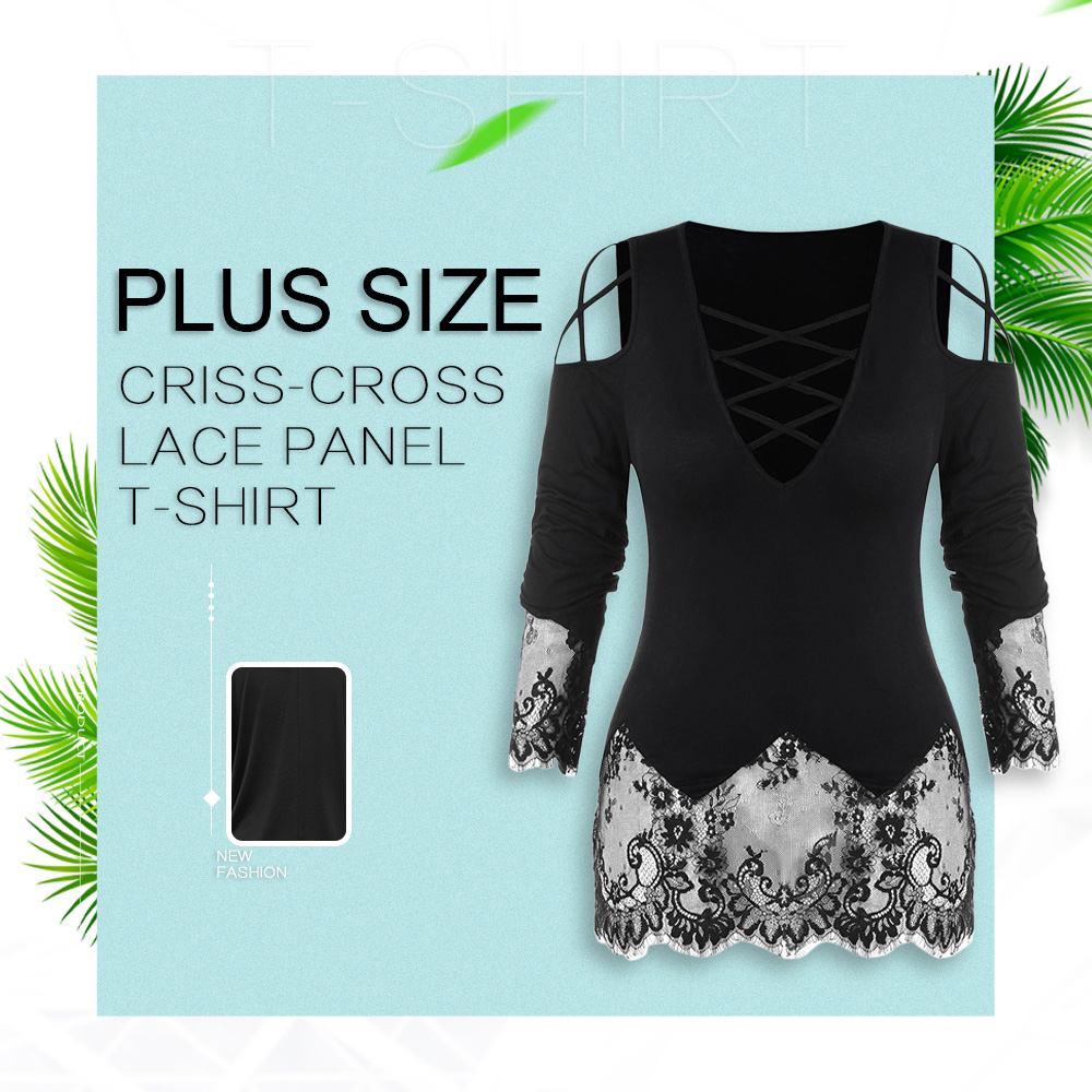 Plus Size Criss-cross Lace Panel T-shirt