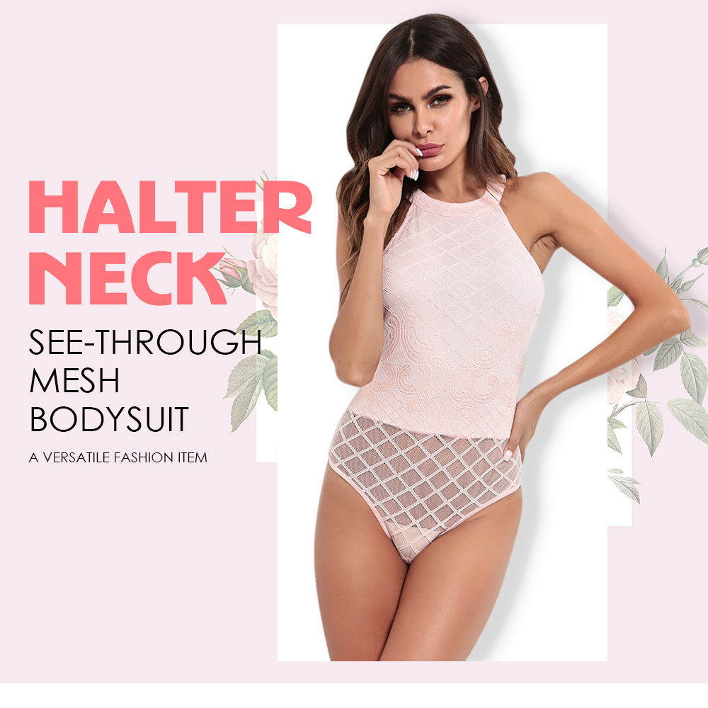 Halter Neck Backless Sleeveless Spliced See-through Mesh Women Bodysuit