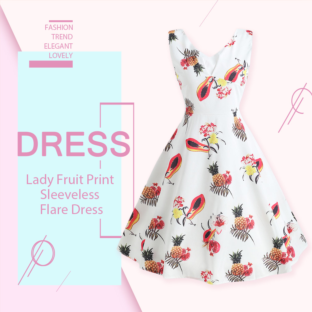 V Neck Fruit Print A Line Dress