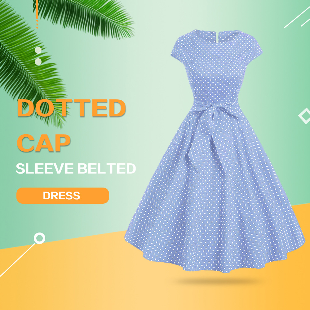 Polka Dot Cap Sleeve Belted Dress