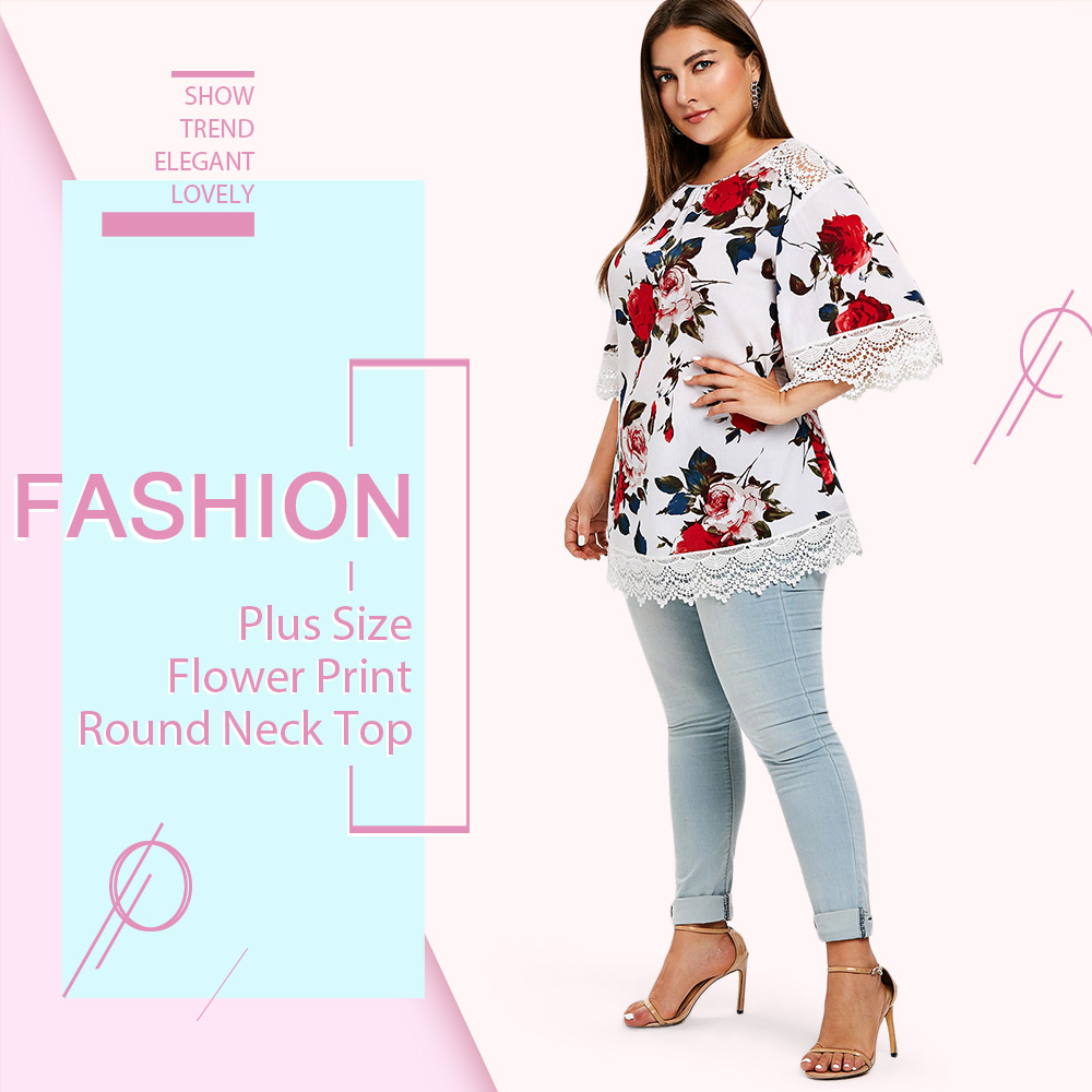 Plus Size Flower Print Round Neck Top