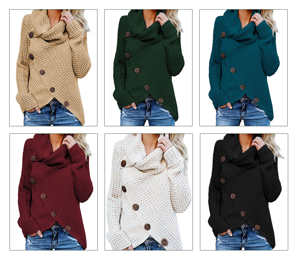 Five Buckle High Collar Pullover Solid Color Women's Sweater