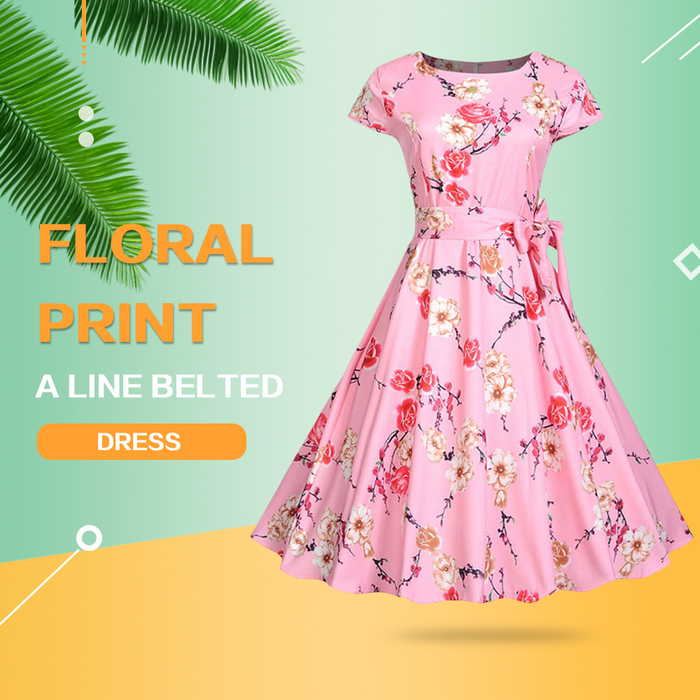 Floral Print A Line Belted Dress