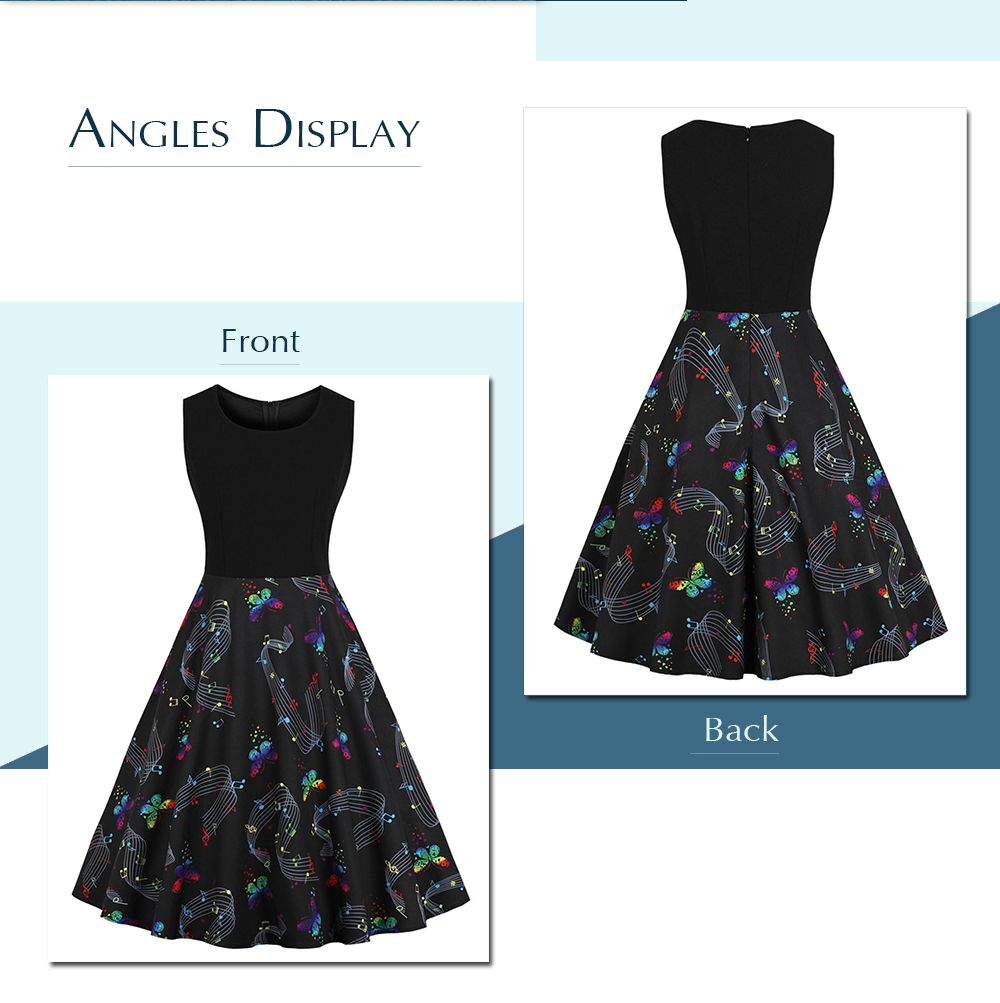 Plus Size Music Notes and Butterfly Print A Line Dress