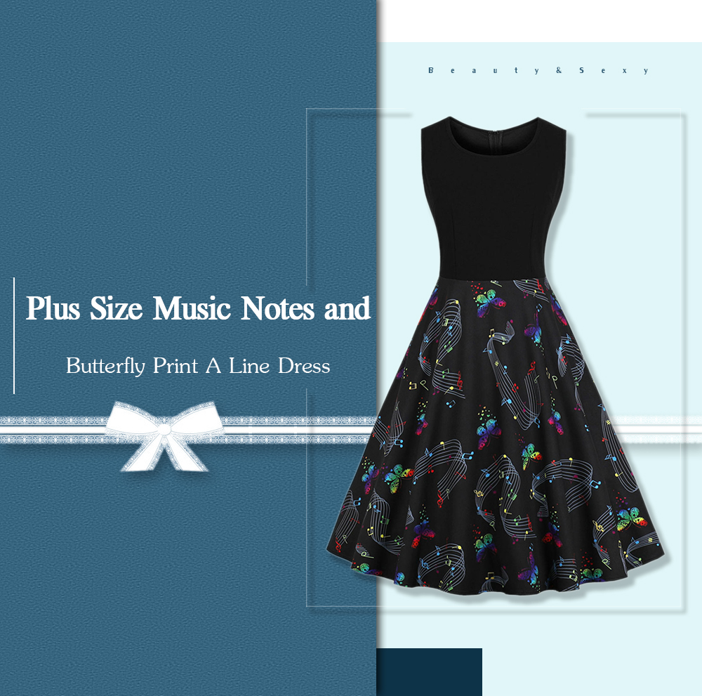 Plus Size Music Notes and Butterfly Print A Line Dress