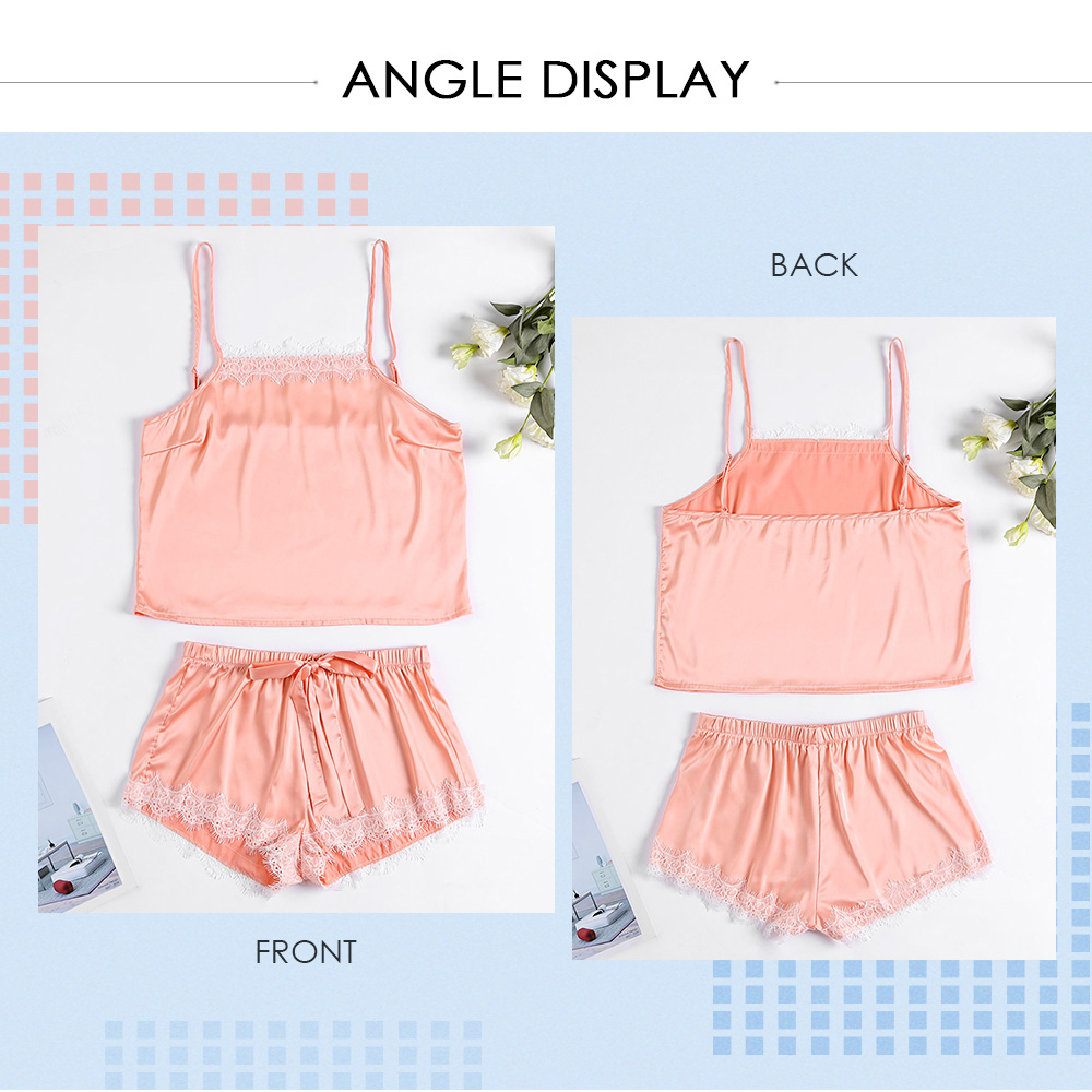 Spaghetti Strap Backless Spliced Lace Tank Top Bowknot Mini Shorts Women Two-piece Set