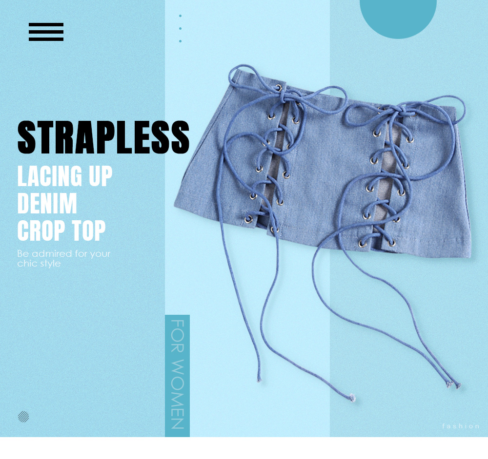 Strapless Backless Lacing Up Criss-cross Strap Denim Women Crop Top