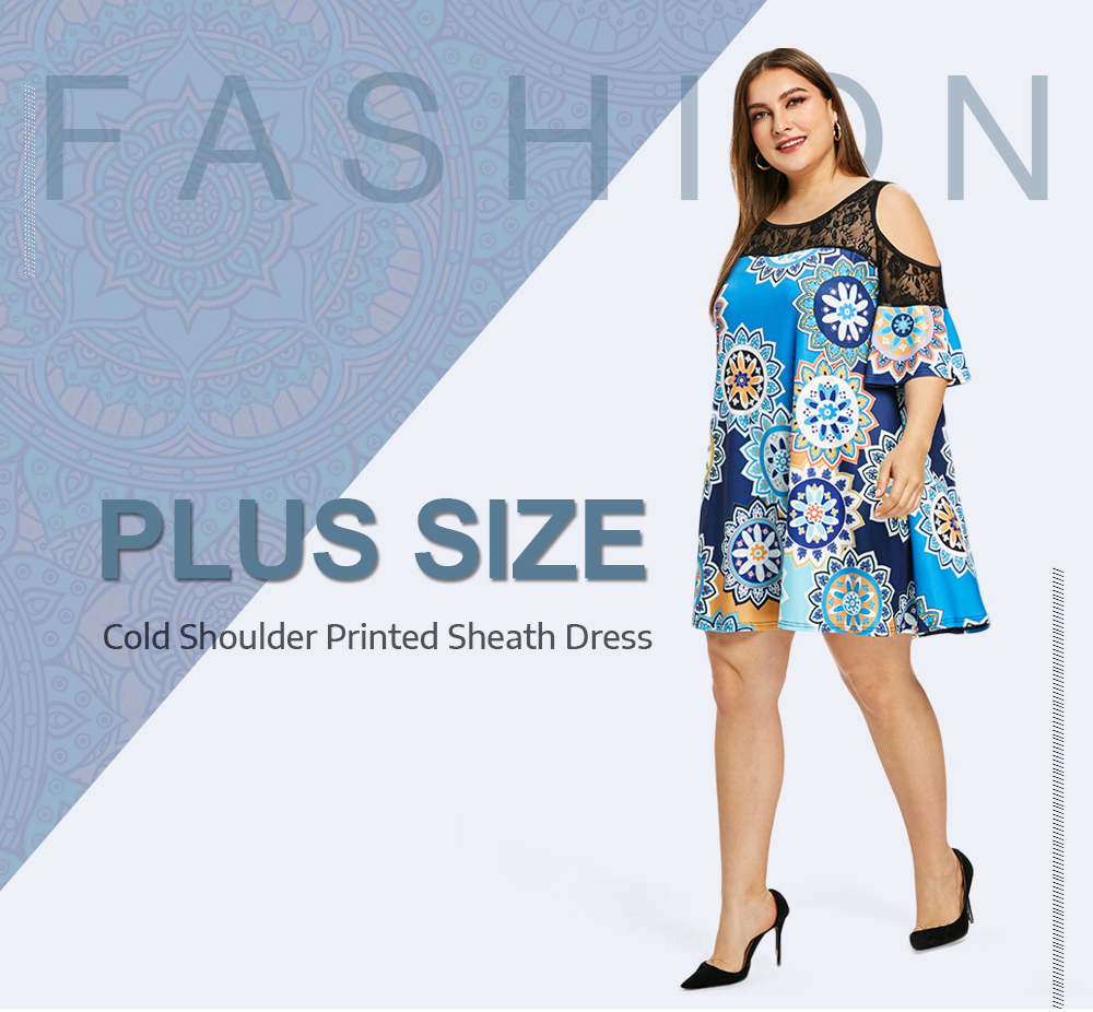 Plus Size Cold Shoulder Printed Sheath Dress