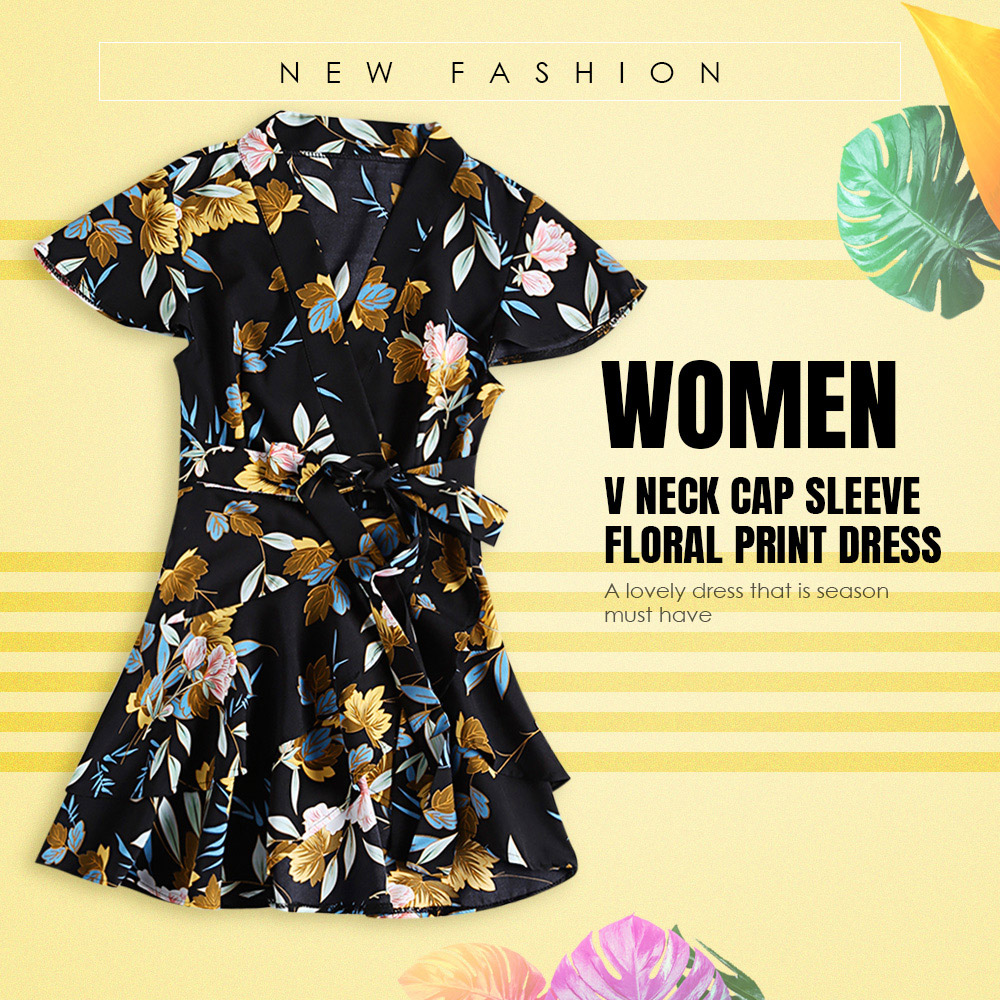 V Neck Cap Sleeve Floral Print Layered Flounce Tied Strap Asymmetric Women Dress
