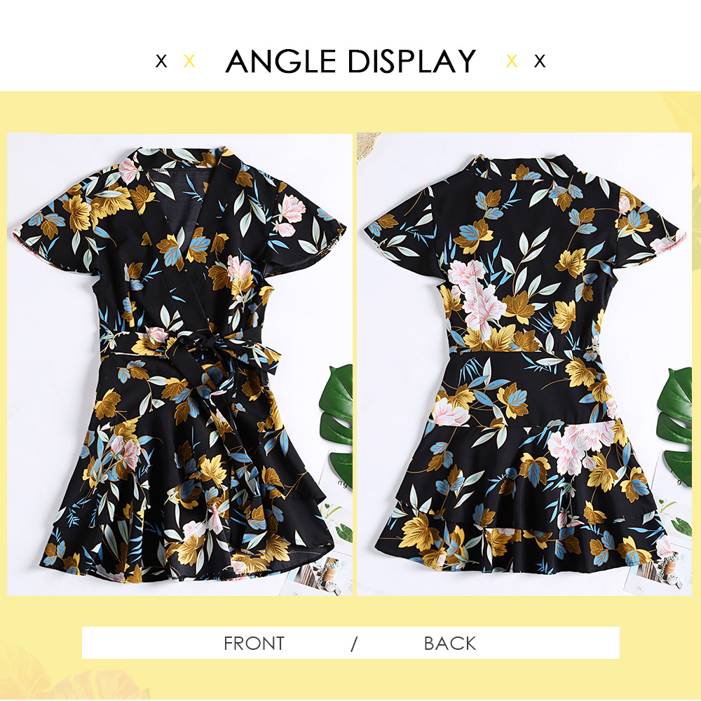 V Neck Cap Sleeve Floral Print Layered Flounce Tied Strap Asymmetric Women Dress