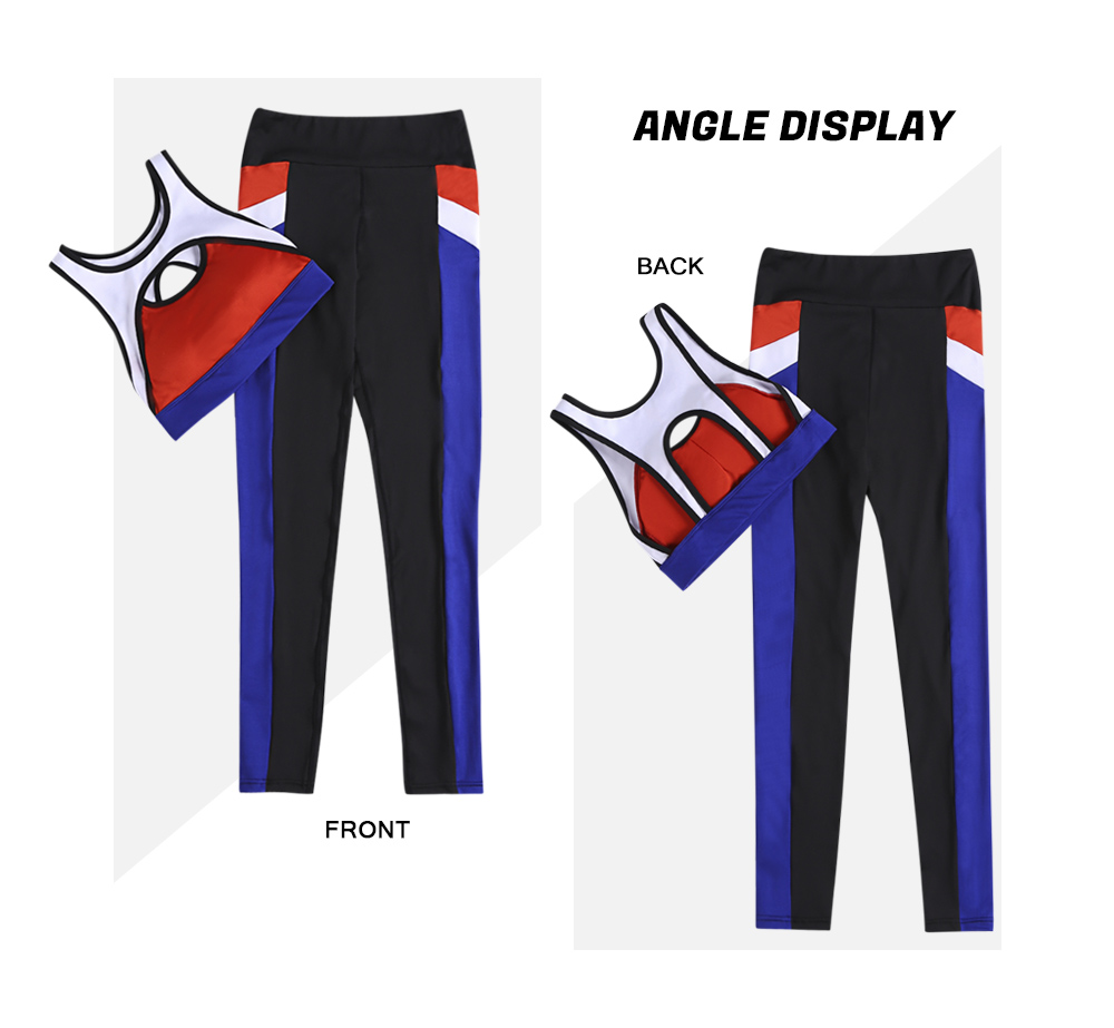 Women Fitted Yoga Sports Suit Crop Top Long Pant Color Blocking Sportswear