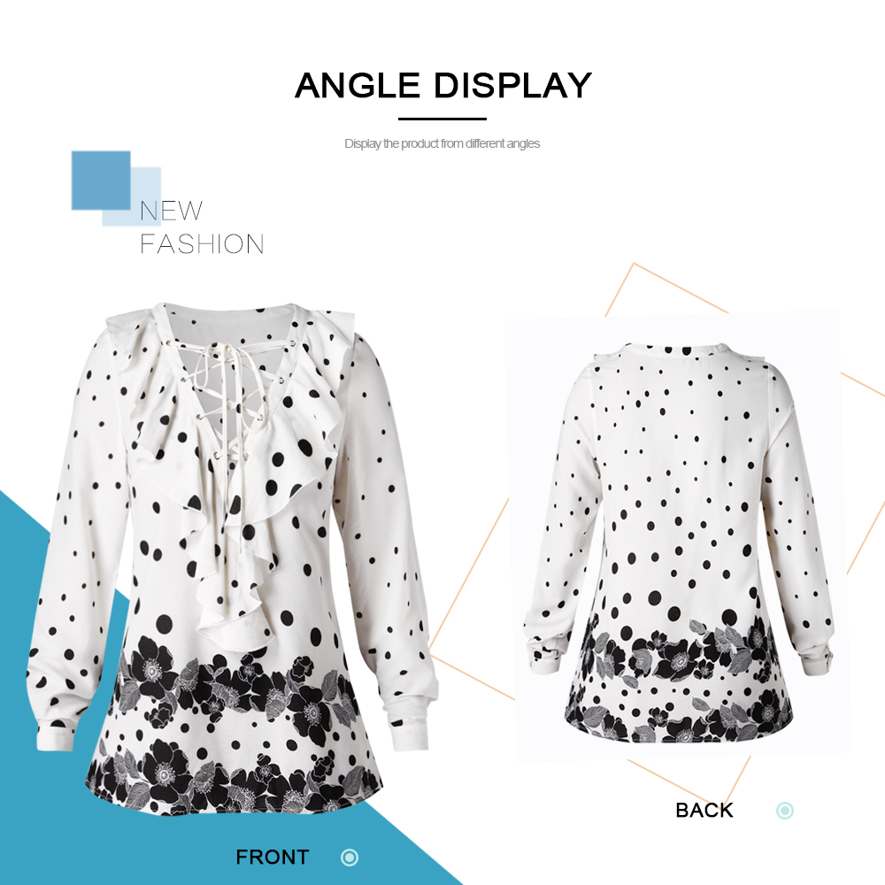 Plus Size Lace Up Ruffles Polka Dot Flower Print Blouse