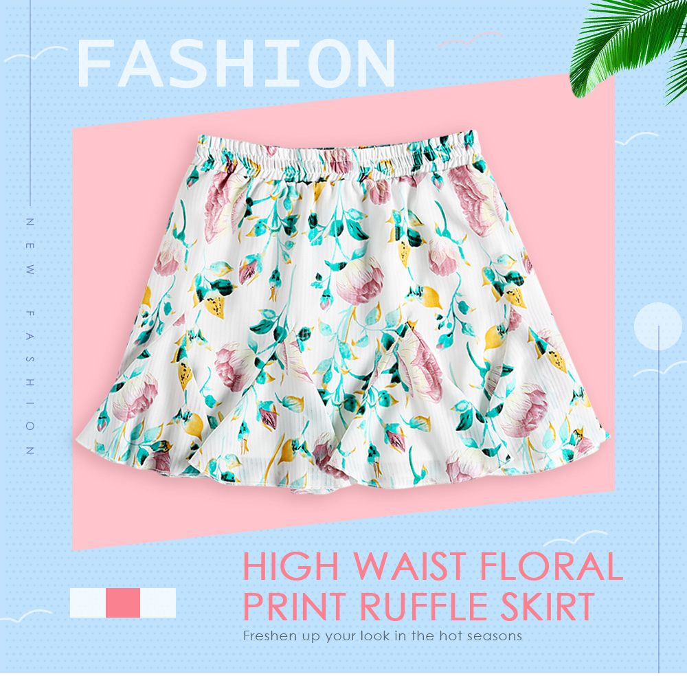 High Waist Floral Print Ruffle Chiffon Women Mini Skirt