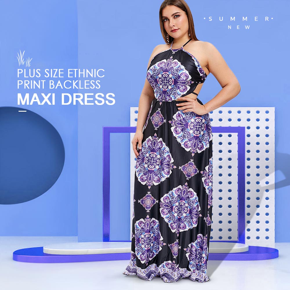 Plus Size Ethnic Print Backless Maxi Dress