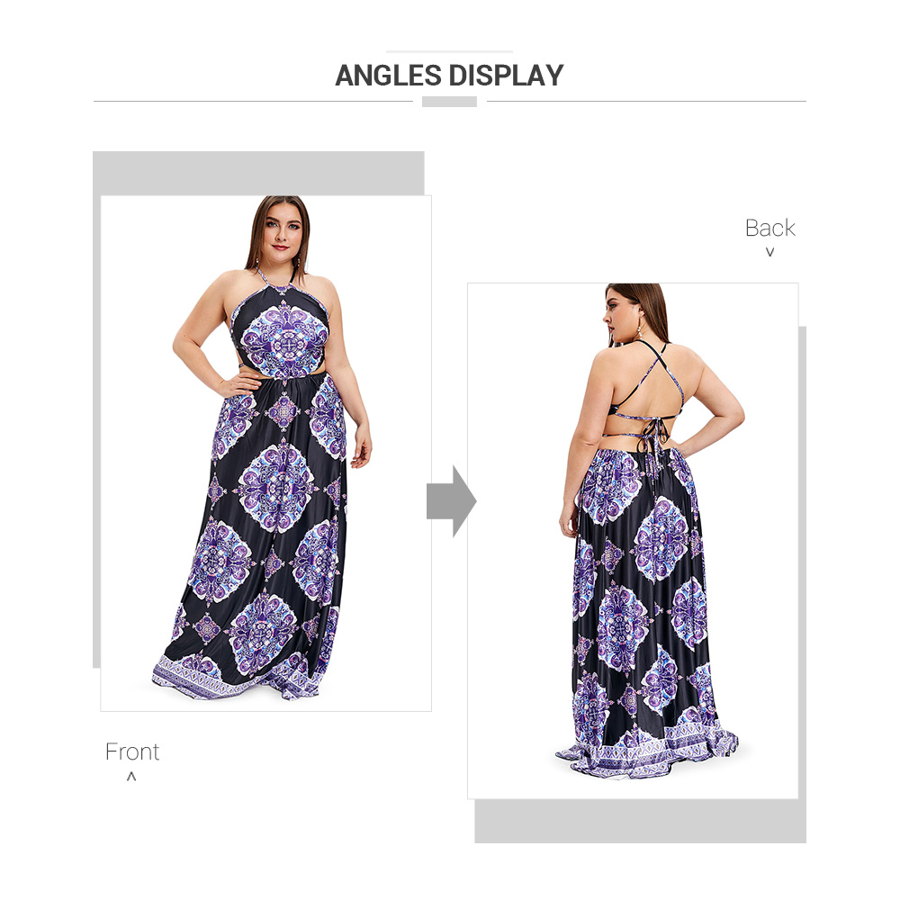 Plus Size Ethnic Print Backless Maxi Dress