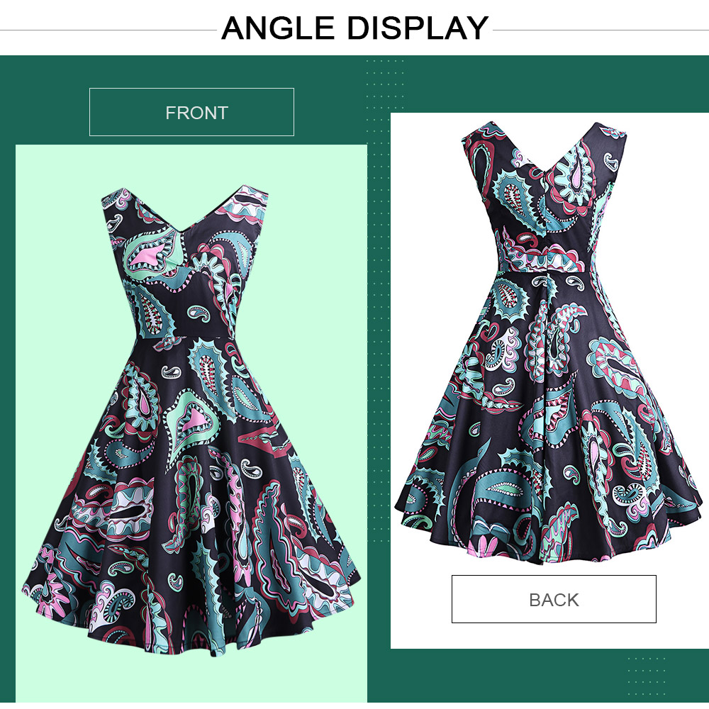 V Neck Backless Sleeveless Print A-line Women Vintage Dress