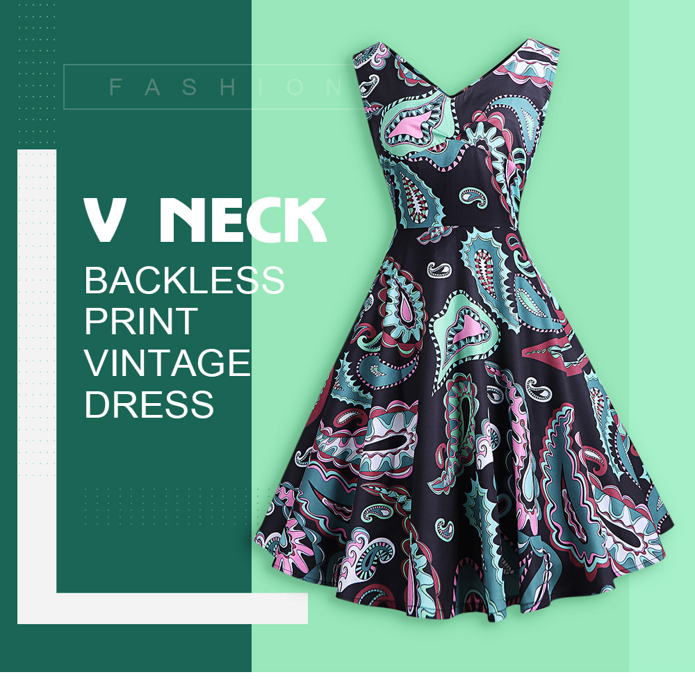 V Neck Backless Sleeveless Print A-line Women Vintage Dress