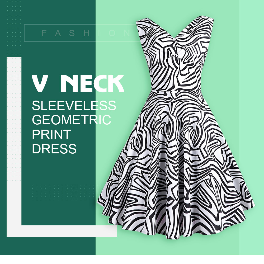 V Neck Sleeveless Backless Geometric Print A-line Women Vintage Dress