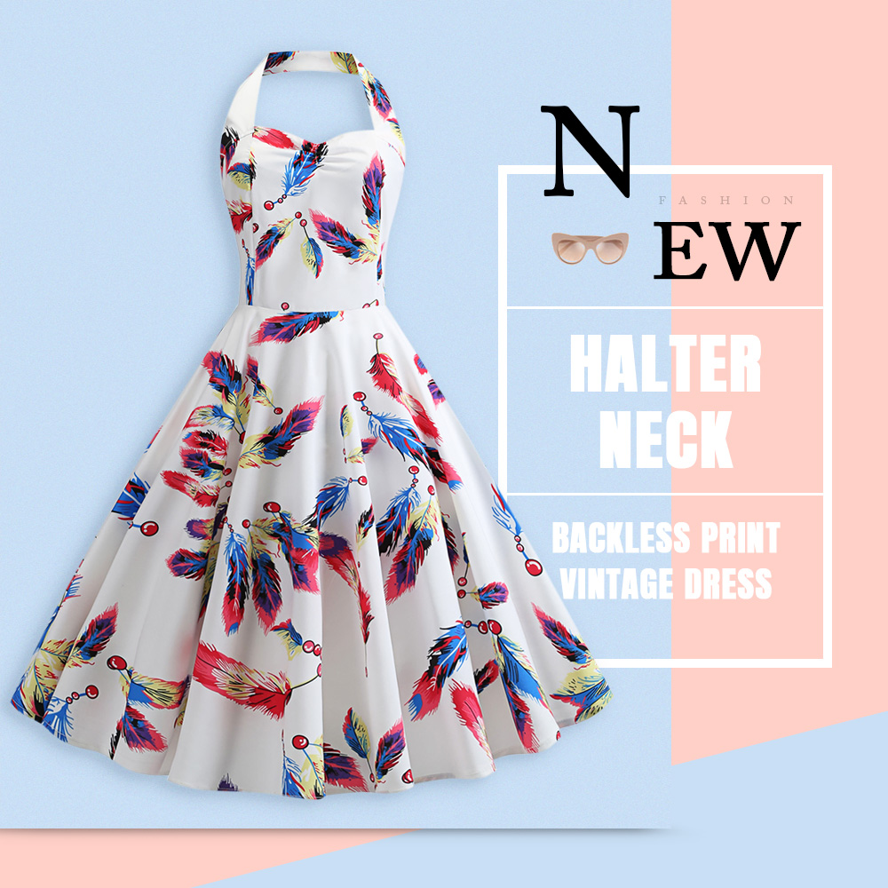 Halter Neck Backless Sleeveless Feather Print A-line Women Vintage Dress