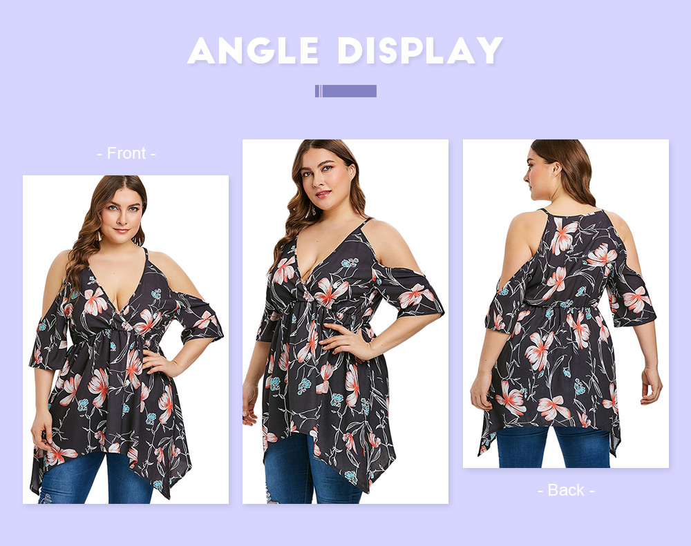 Plus Size Floral Print Open Shoulder Blouse