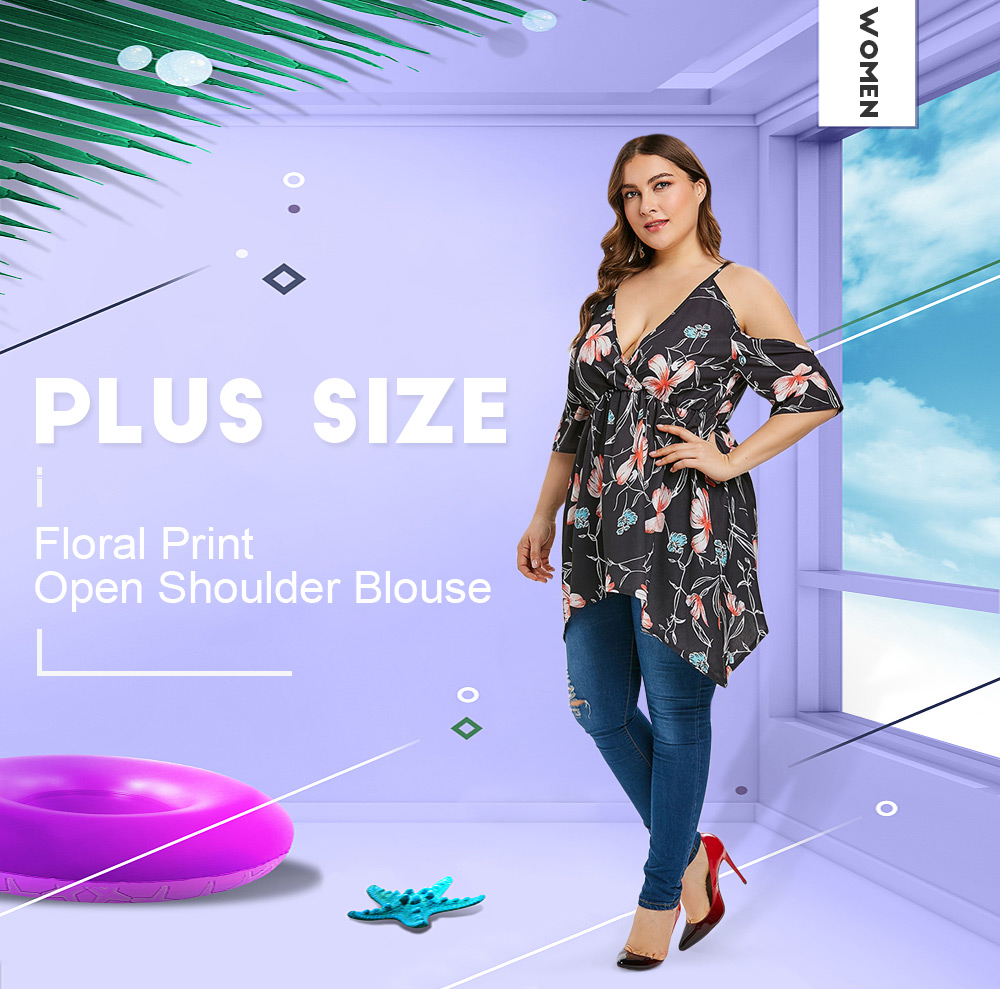 Plus Size Floral Print Open Shoulder Blouse