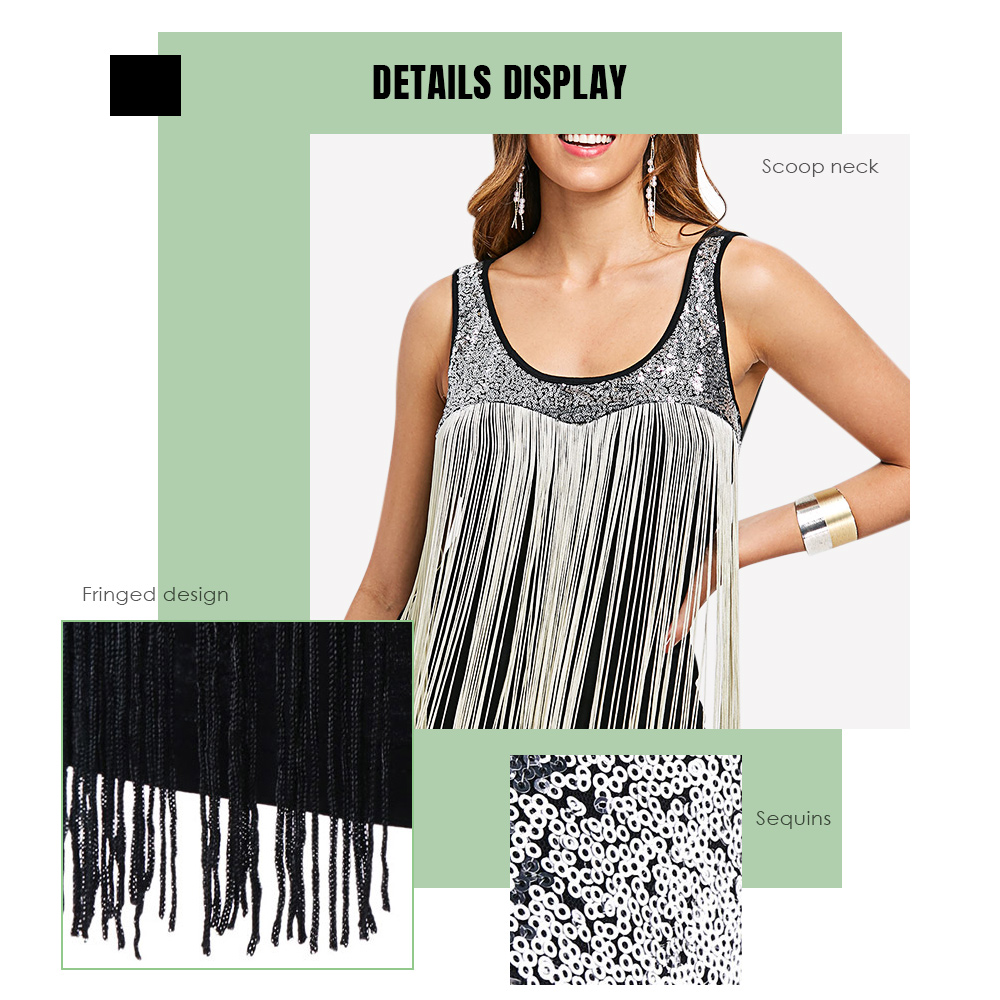 Scoop Neck Sleeveless Fringed Sequined Gradient Color Women Tank Top