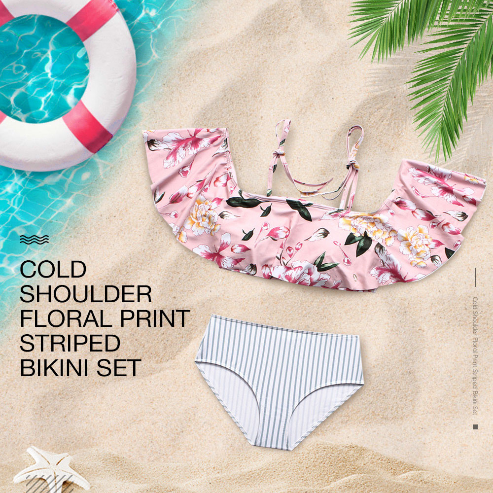 Cold Shoulder Floral Print Striped Bikini Set