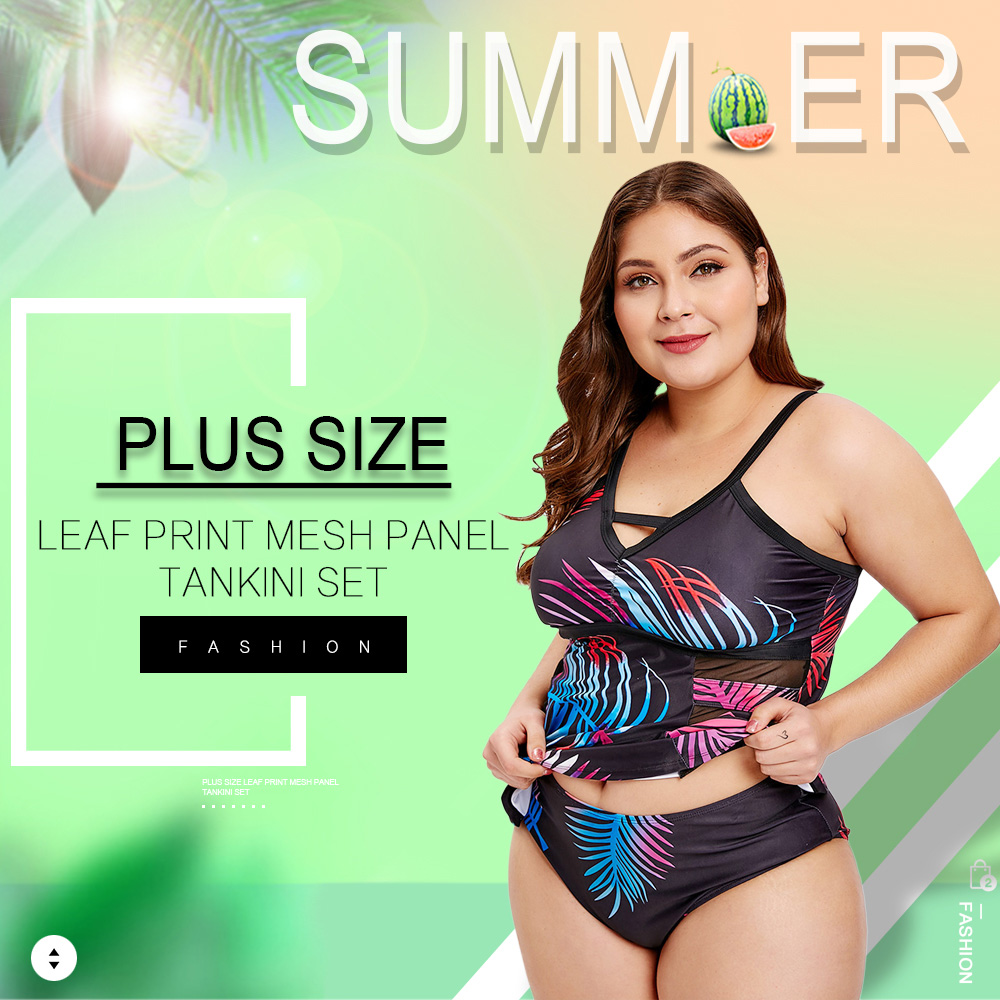 Plus Size Leaf Print Mesh Panel Tankini Set