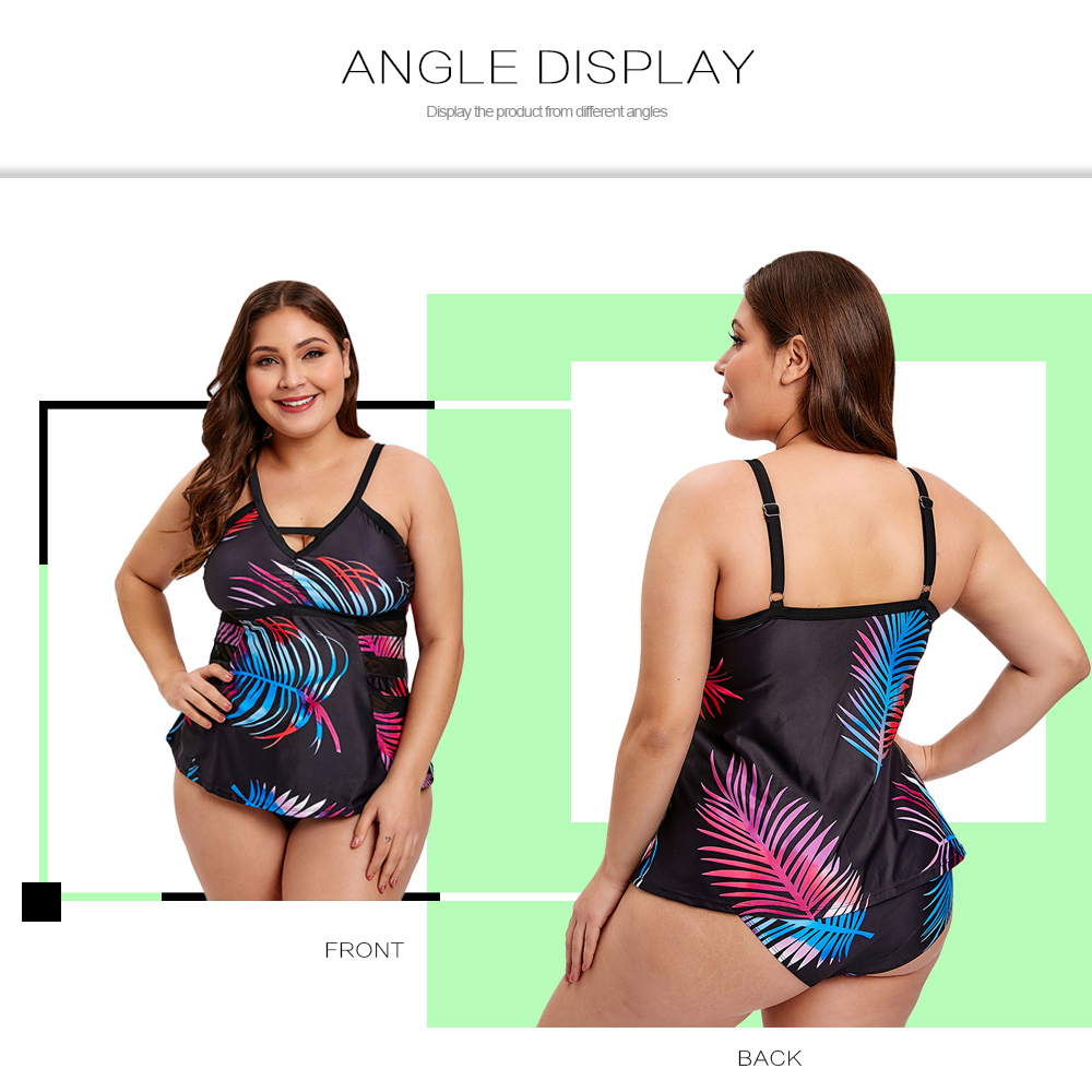 Plus Size Leaf Print Mesh Panel Tankini Set