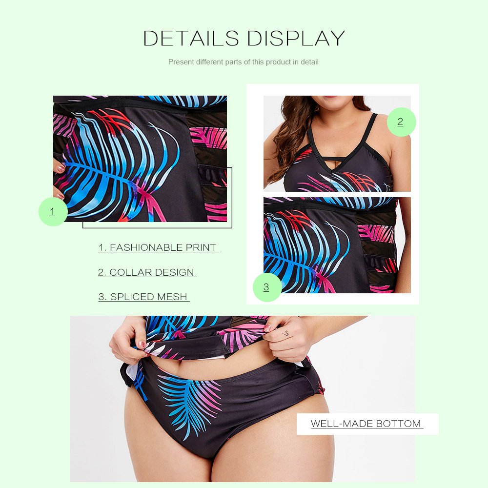 Plus Size Leaf Print Mesh Panel Tankini Set