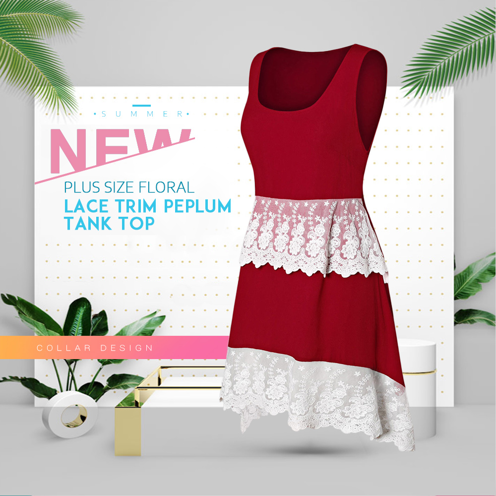 Plus Size Floral Lace Trim Peplum Tank Top