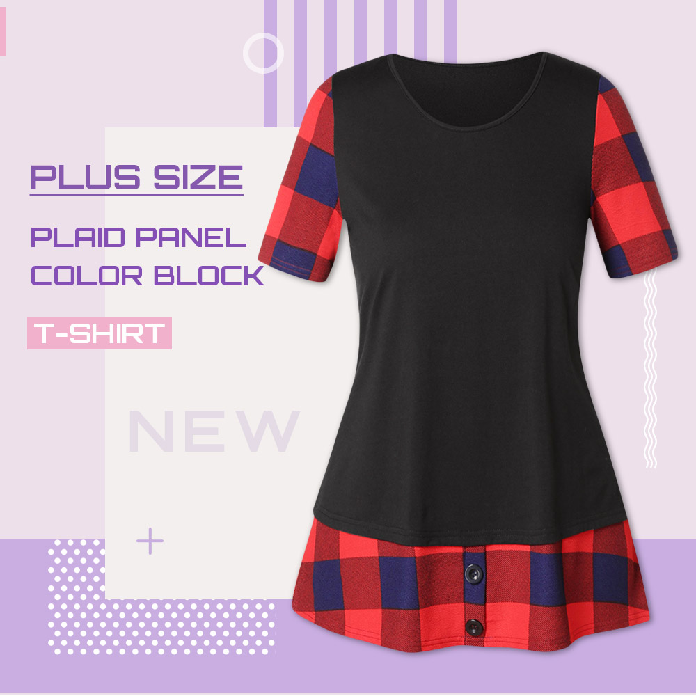 Plus Size Color Block Checked Insert T Shirt