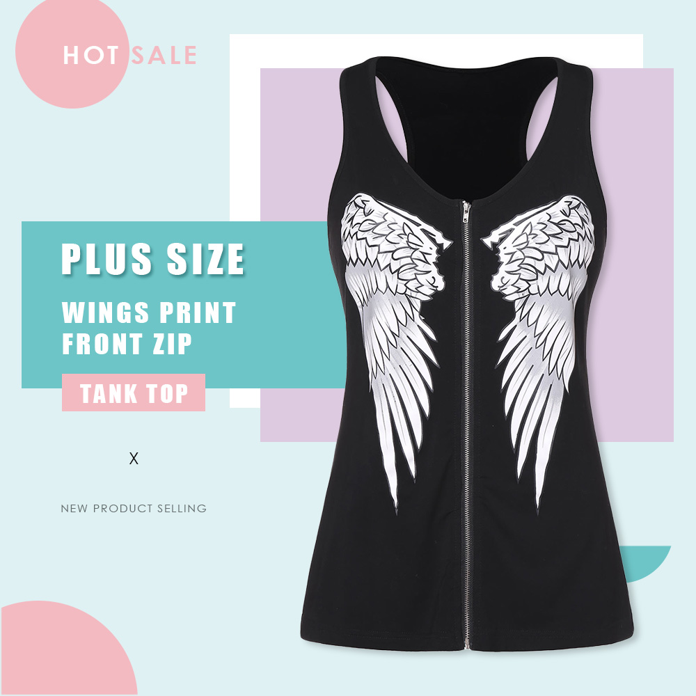 Plus Size Wings Print Front Zip Tank Top