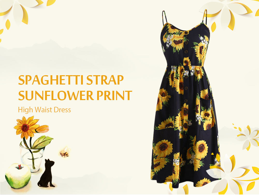 Button Sunflower Print A Line Dress