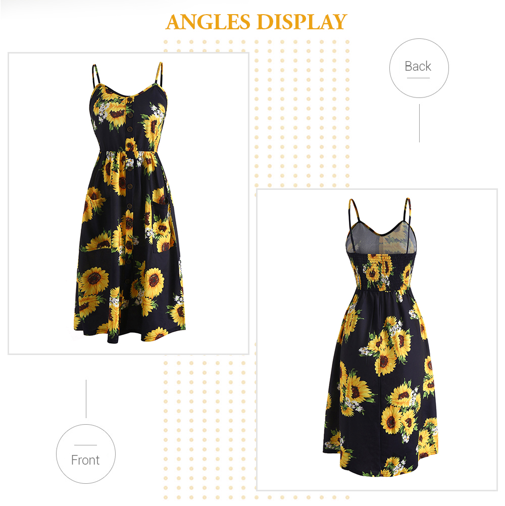 Button Sunflower Print A Line Dress