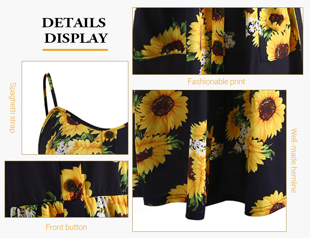 Button Sunflower Print A Line Dress