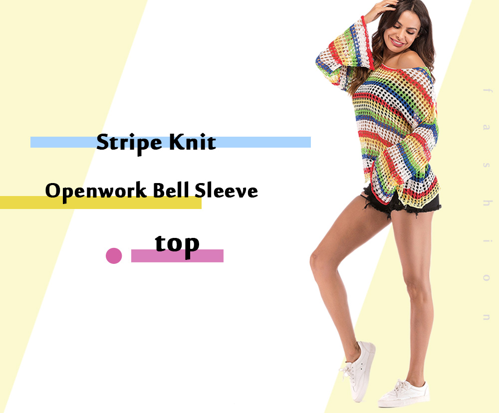 Stripe Knit Openwork Bell Sleeve Top