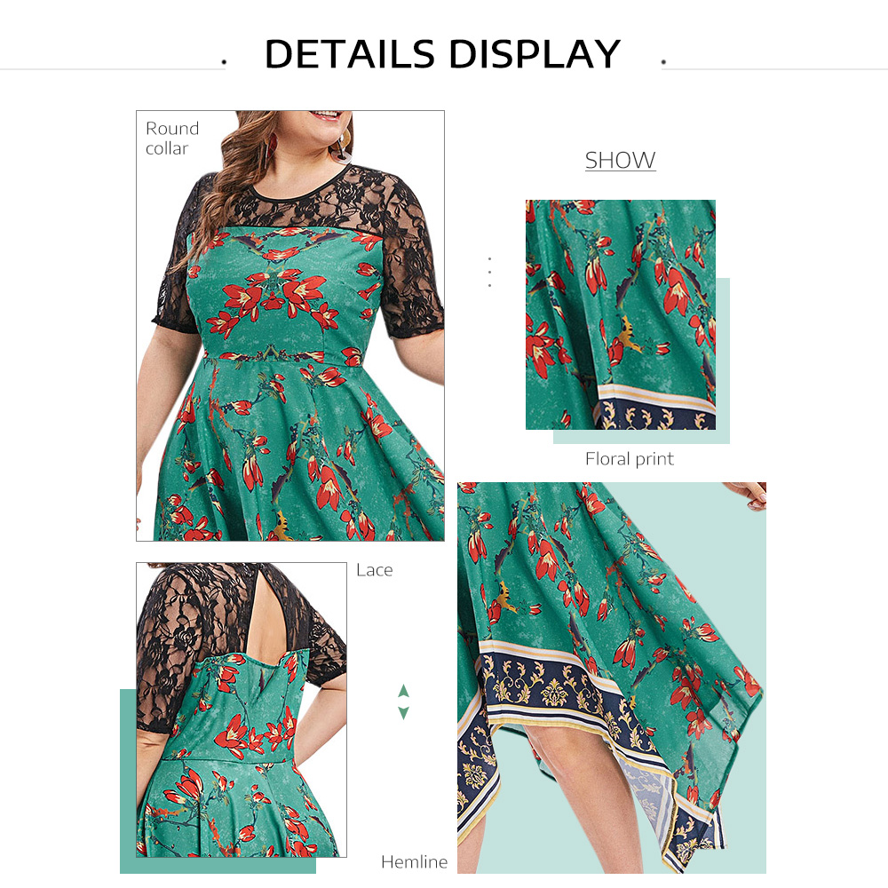 Plus Size Floral Print Lace Panel Asymmetrical Dress