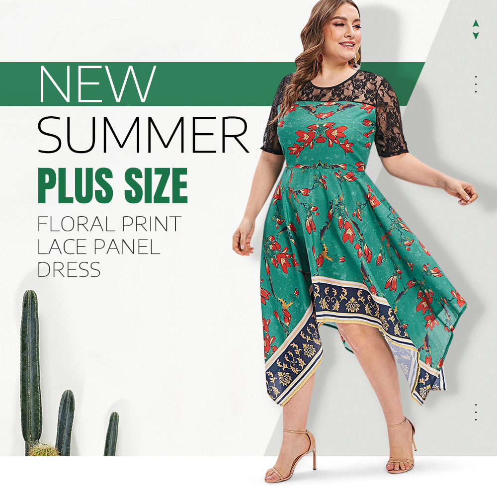 Plus Size Floral Print Lace Panel Asymmetrical Dress