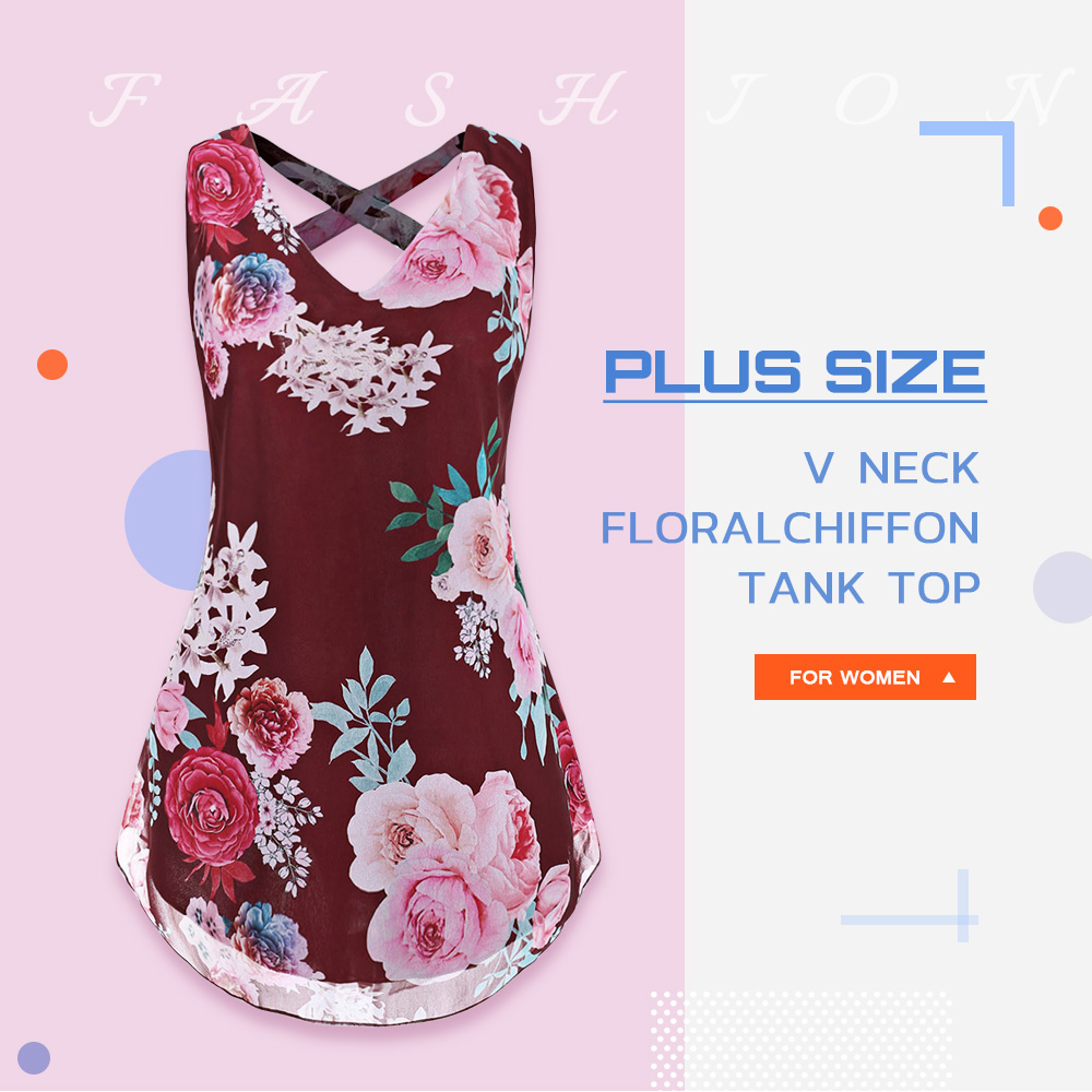 Plus Size V Neck Floral Chiffon Tank Top