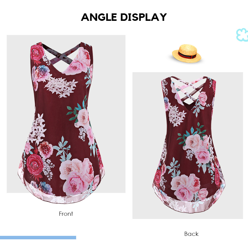 Plus Size V Neck Floral Chiffon Tank Top