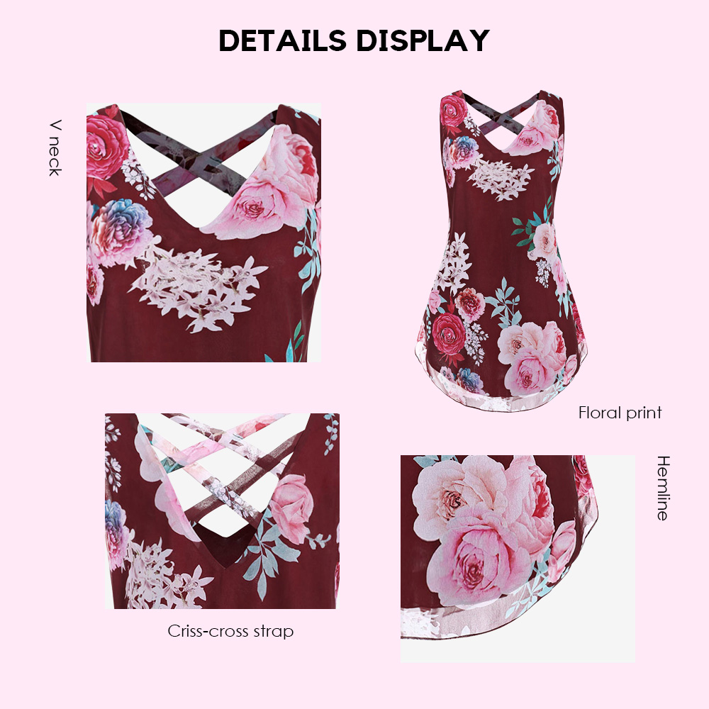 Plus Size V Neck Floral Chiffon Tank Top