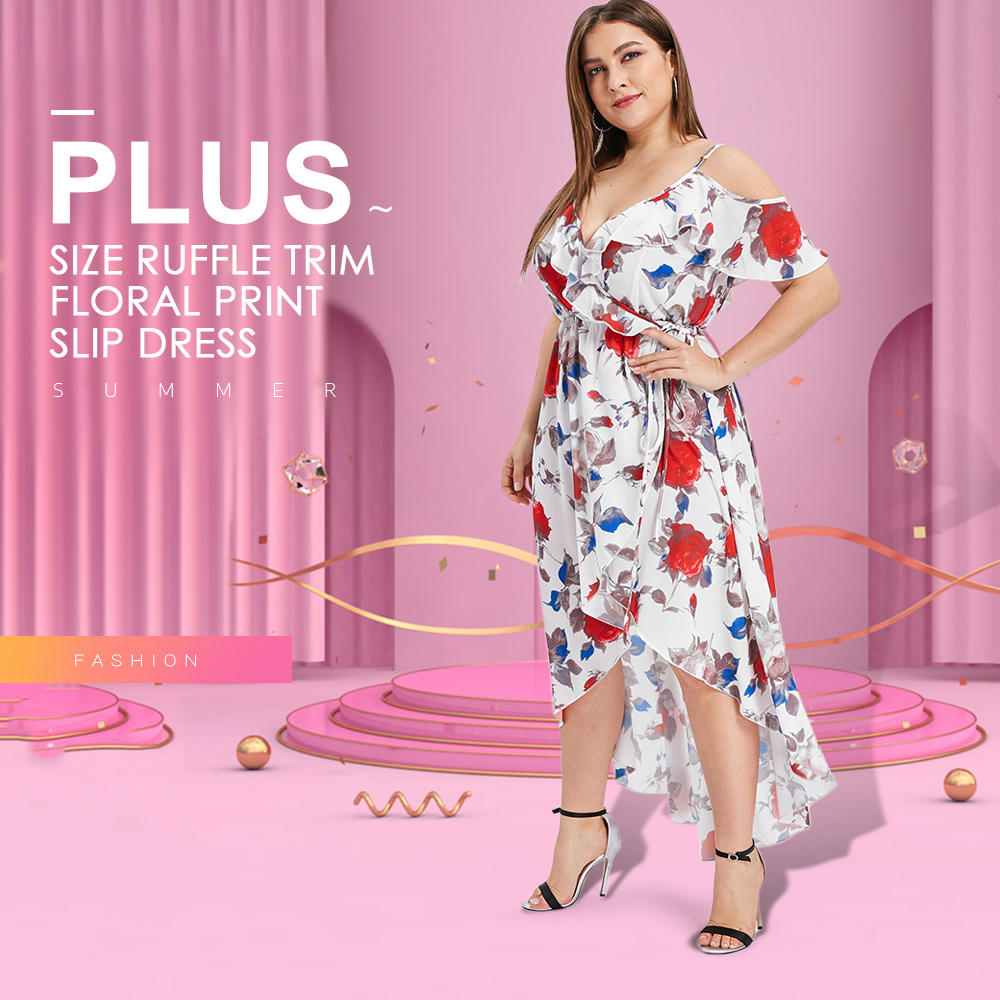 Plus Size Ruffle Trim Floral Print Slip Dress