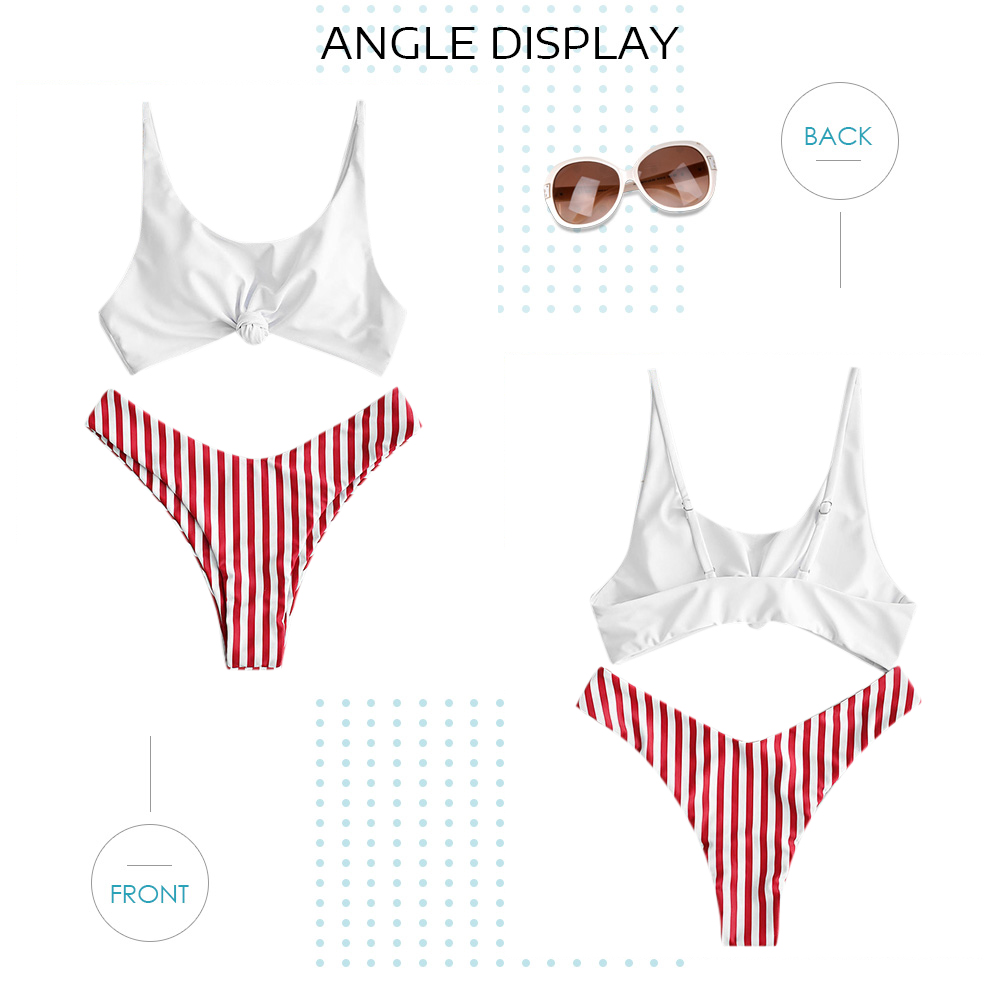 Scoop Neck Backless Vertical Stripe Low Waist Two-piece Swimsuit Women Bikini Set
