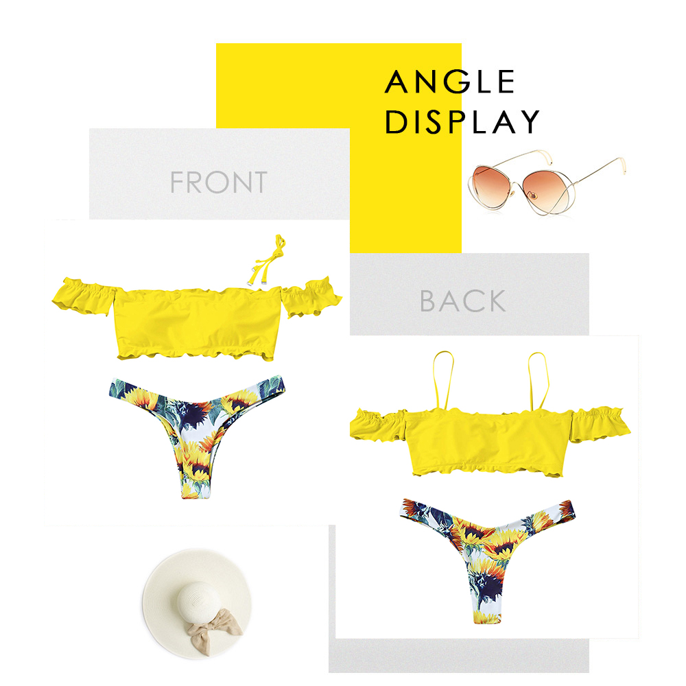 Off The Shoulder Spaghetti Strap Short Sleeve Ruffle Floral Print Low Waist Women Bikini Set