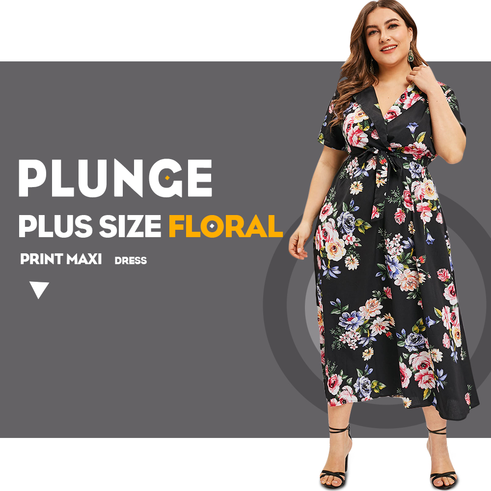 Plunge Plus Size Floral Print Maxi Dress