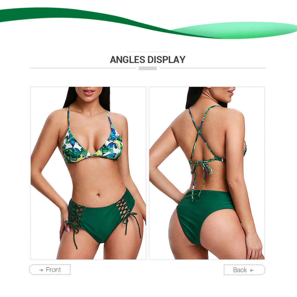 Leaves Print Lace Up Bikini Set