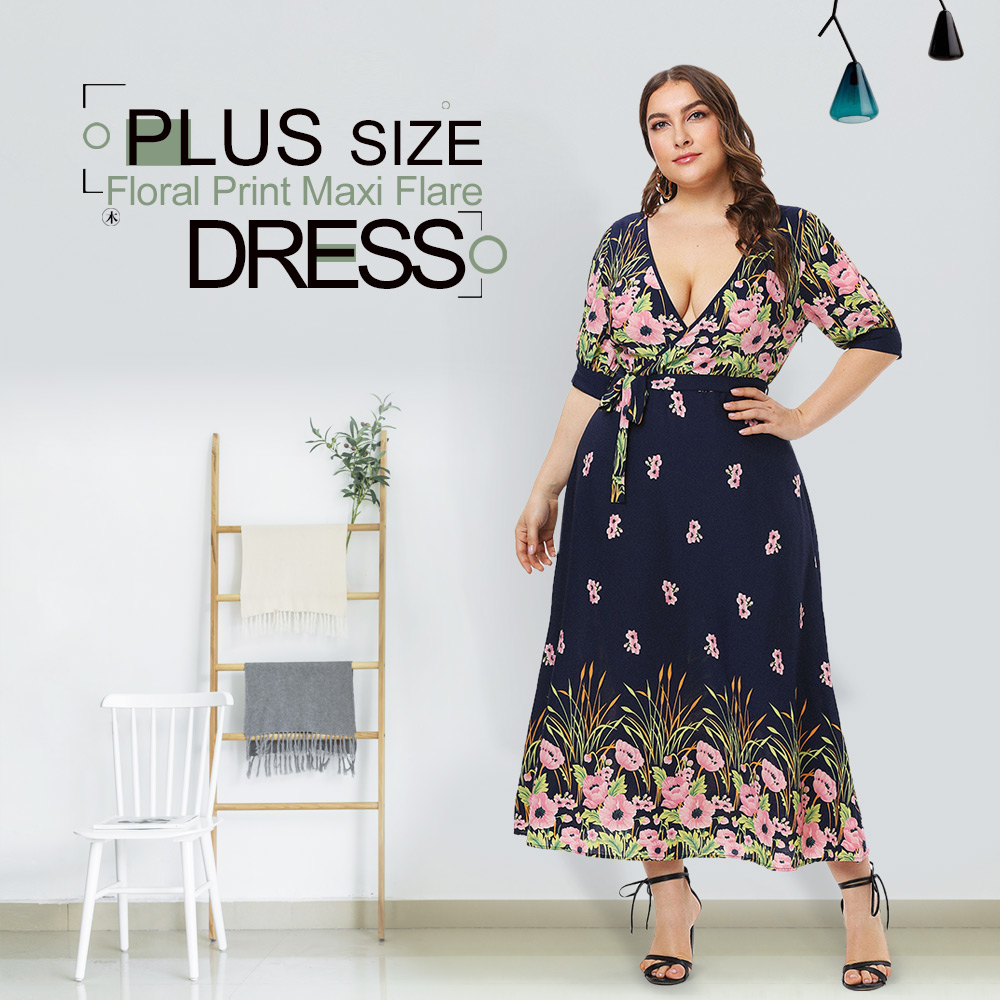 Plus Size Floral Print Maxi Flare Dress